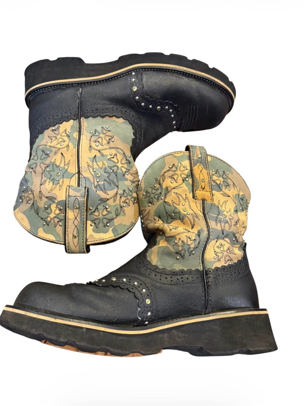 Ariat Fatbaby Western Boots Womens 8.5B Black Camo Floral Studded Leather Cowboy - Picture 11 of 15
